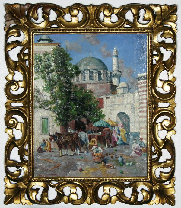 INDONI (ITALIAN 19TH CENT) Mosque: INDONI , FILIPPO , ITALIAN , 19TH CENT , "Mosque and Bazaar" , oil on panel , 11.5 x 9.5 in (29.2 x 24.1 cm) , signed lower right