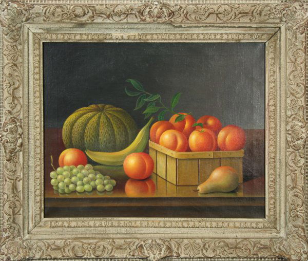 PRENTICE (AMERICAN 1851-1935) Fruit: PRENTICE , LEVI WELLS , AMERICAN , 1851-1935 , "Still Life with Peaches, Mellon, and Grapes" , oil on canvas , 16 x 20 in (40.6 x 50.8 cm) , signed lower righ. PROVENANCE: Private collection NJ.