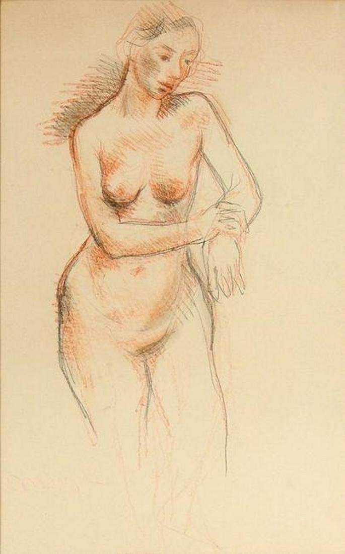 MOSES SOYER AMERICAN 1899-1974: Figure Study ,pencil and colored conte crayon , 14 3/4 x 9 1/2 in (37.5 x 24.1 cm) , Signed lower left.