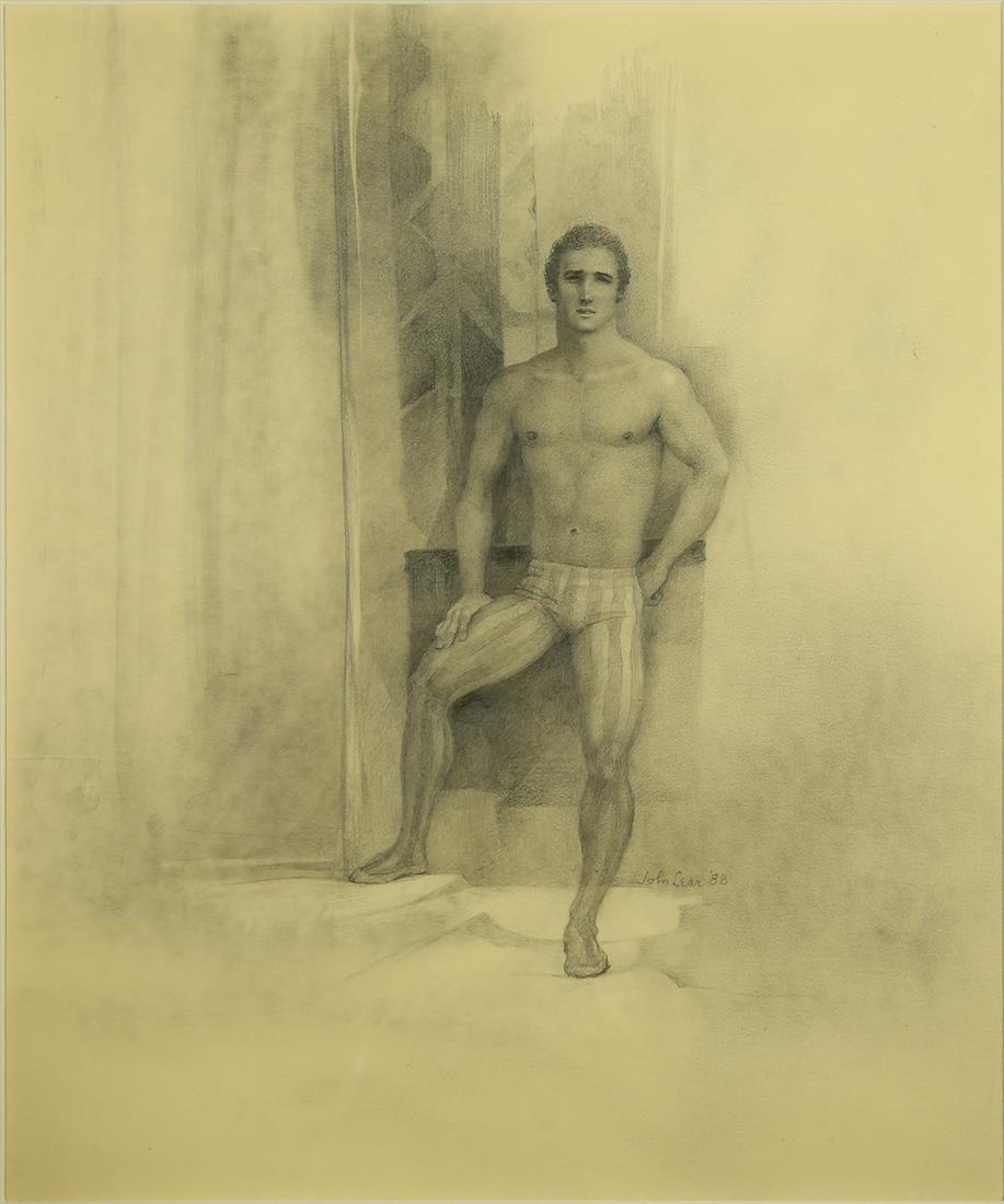 JOHN B. LEAR AMERICAN 1910-2008: Circus Performer, dated 1988, graphite on buff paper, 12 x 10 1/2 in (30.5 x 26.7 cm), signed lower right, PROVENANCE: Private collector Boston, MA (framed dimeinsion 19 1/2 x 18 1/2 )