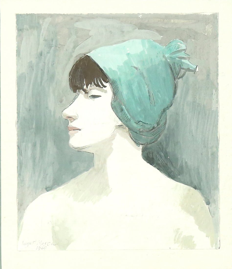 AUGUST MOSCA AMERICAN 1909-2002: Young Woman , watercolor , 7 3/4 x 6 11/2 in (19.6 x 16.5 cm) , signed lower left, Daniel E. Lewitt Gallery label verso indicating a $3000 value, PROVENANCE: Private collector CT