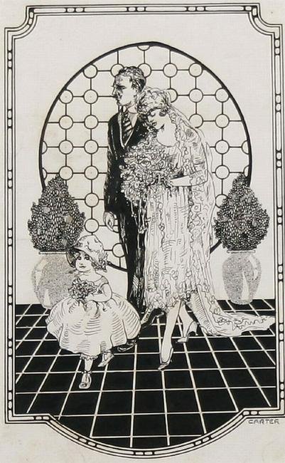 CLARENCE HOLBROOK CARTER AMERICAN 1904-2000: The Newlyweds, c.1925, , ink on paper, 9 x 5 1/2 in. (22.9 x 14 cm.), signed lower right. This drawing is an early work, executed while Carter was still a student.