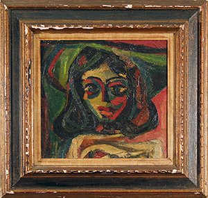 KIRCHNER (ATTR) (GERMAN 1880-1938) Head: KIRCHNER (ATTR) , ERNST LUDWIG , GERMAN , 1880-1938 , "Head of a Woman" , oil on canvas laid on board , 13 x 14 in (33 x 35.6 cm) PROVENANCE: Metal plaque verso-C.Blecken Goldleisten-Rehmen-Fabrik,Rah