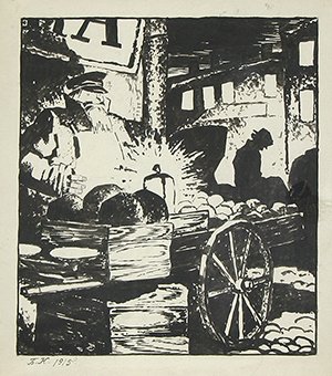 KUSTODIEV (RUSSIAN 1878-1927) Market Scene: KUSTODIEV , BORIS , RUSSIAN , 1878-1927 , "Market Scene" , ink and brush on paper , 10 1/4 x 9 in (26 x 22.9 cm), signed lower left and dated 1915. PROVENANCE: Property of a private collector.