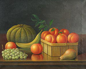 PRENTICE (AMERICAN 1851-1935) Fruit: PRENTICE , LEVI WELLS , AMERICAN , 1851-1935 , "Still Life with Peaches, Mellon, and Grapes" , oil on canvas , 16 x 20 in (40.6 x 50.8 cm) , signed lower right PROVENANCE: Private collection NJ.