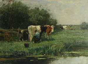 SCHERREWITZ (DUTCH 1868-1951) Milking: SCHERREWITZ (DUTCH 1868-1951) Milking SCHERREWITZ , JOHAN FREDERIK CORNELIS , DUTCH , 1868-1951, "Milking the Cows", oil on canvas laid on board , 19 x 27 in (48.3 x 68.6 cm), signed lower leftPROVENA