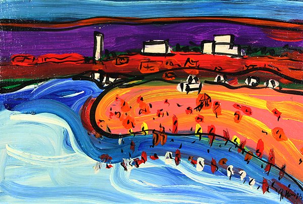 KEIL (GERMAN B1942) Coney Beach: KEIL (GERMAN B1942) Coney Beach KEIL , PETER ROBERT , GERMAN , B1942, "Coney Beach, Los Angeles, 1983", oil on board , 20 x 30 in (50.8 x 76.2 cm), signed lower right, signed additionally and titled a