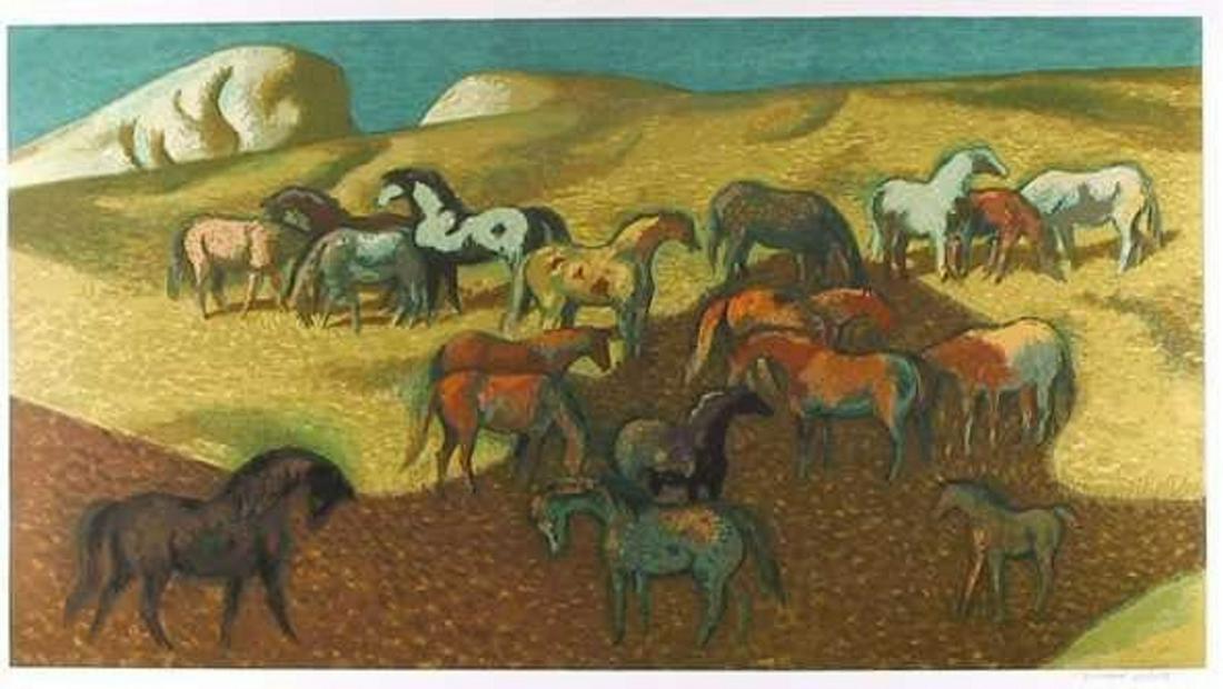 MILLARD SHEETS AMERICAN 1907-1989: Broad Mare Pasture, Pencil signed and numbered 105/250; Image size: 18in. X 33.5in. Overall size: 25in. X 40in. Embossed Circle Fine Arts stamp in margin, From an Edition of 250