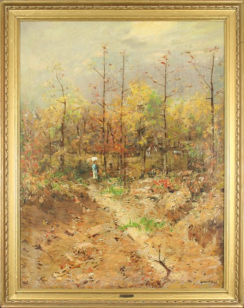 GAUL (N.A.) (AMERICAN 1855-1919) Southern: GAUL (N.A.) , GILBERT , AMERICAN , 1855-1919 , "Southern Landscape with Figure and Cabin" , oil on canvas , 43 x 33 in (109.2 x 83.8 cm) , signed lower right