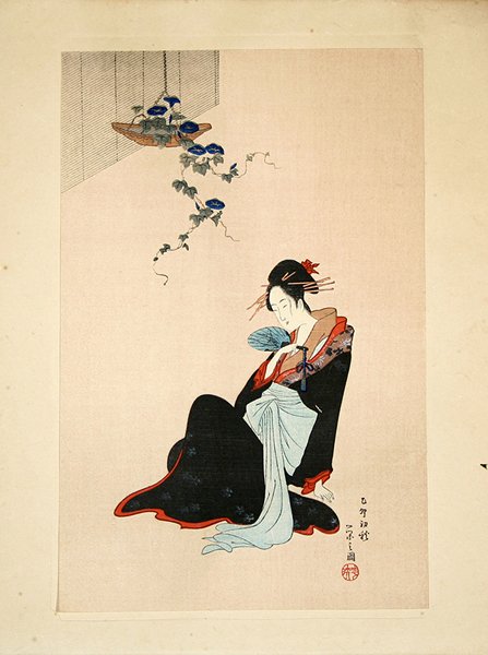 EISHI (JAPANESE 1756-1829) Beauty: EISHI , HOSODA JIBUKYO , JAPANESE , 1756-1829 , "Beauty in Summer" , woodblock , 12 1/2 x 8 in (31.8 x 20.3 cm) , signed lower right PROVENANCE: Letter of authentication attached verso