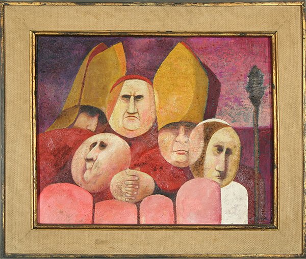 DELATORRE (MEXICAN 20TH CENTURY): DELATORRE , LUIS , MEXICAN , 20TH CENTURY , "Jerarquias" , oil on canvas , 20 x 16 in (50.8 x 40.6 cm) , signed lower right and verso, also titled and dated 1970 verso