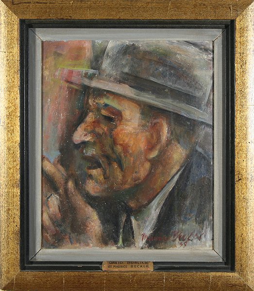 BECKER (RUSSIAN/AMERICAN 1889-1975) Portrait: BECKER , MAURICE , RUSSIAN/AMERICAN , 1889-1975 , "David Burliuk Portrait" , oil on board , 13 1/4 x 16 in (33.7 x 40.6 cm) , signed lower right. PROVENANCE: Lyzon Gallery Collection. Viewed by Rod Ha
