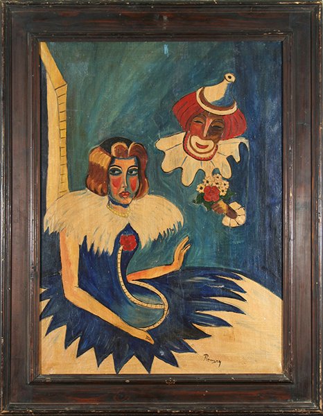 REMSEY (HUNGARIAN )Woman: REMSEY , HUNGARIAN , "Woman and Clown" , oil on canvas , 29 x 21 1/2 in (73.7 x 54.6 cm) , signed lower rightPROVENANCE: There is a stamp on the back stretcher bar, Magyar Nemzseti Galleria, Budapest