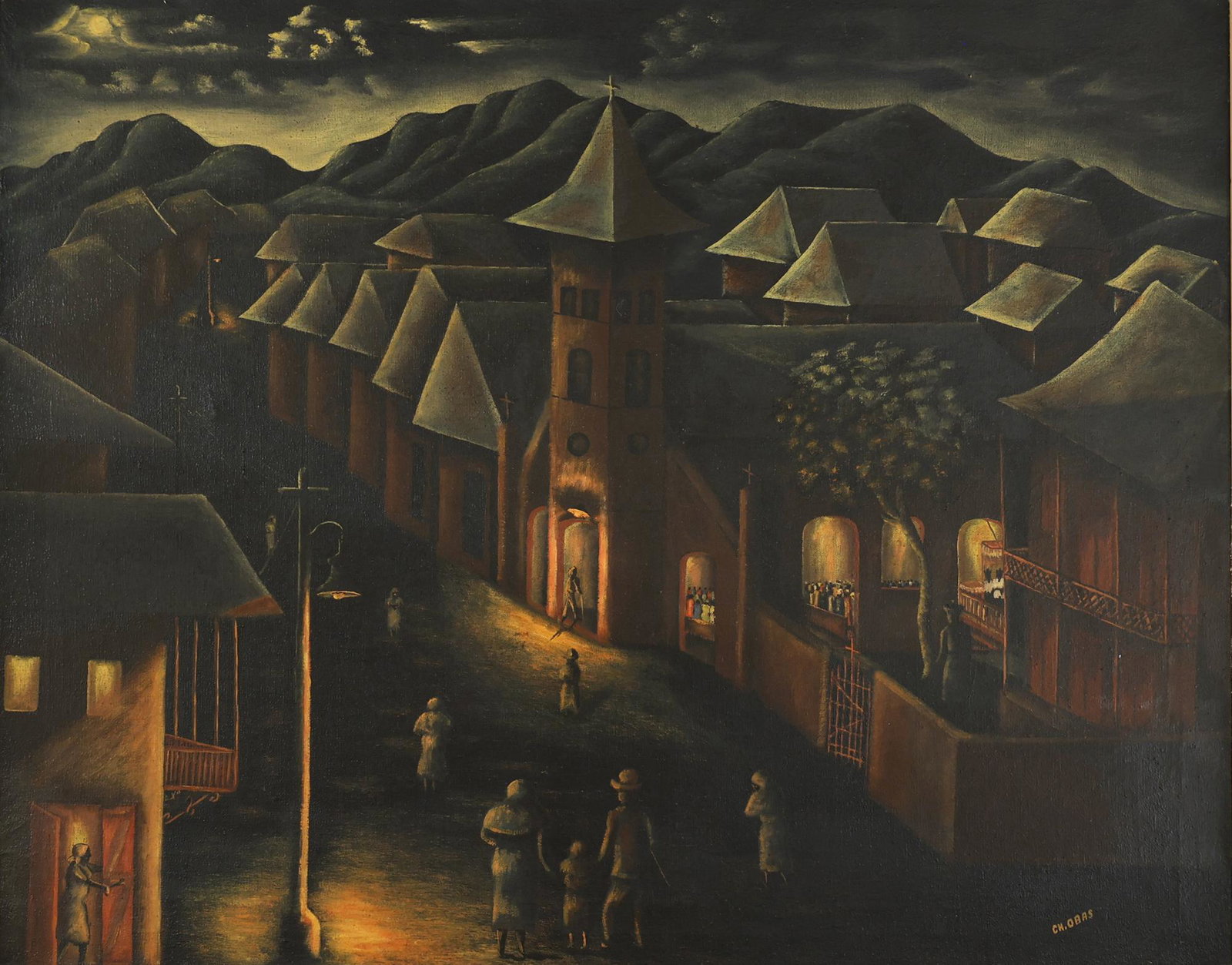 CHARLES OBAS HAITIAN 1927-1968: Village Scene at Night, oil on canvas, 27 1/2 x 35 in (69.9 x 101.6 cm), framed , 35 1/2 x 42 1/2 in (90.2 x 108 cm), signed lower right