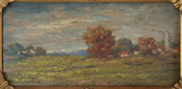 WALTER RICHARD SICKERT BRITISH 1860-1942: Landscape with a Distant Village, oil on panel, 6 x 12 in (15.2 x 30.5 cm), 13 1/2 x 19 1/2 in (33 x 49.5 cm), signed lower right, PROVENANCE: Private collection New York