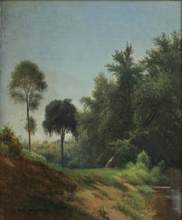 AARON DRAPER SHATTUCK AMERICAN 1832-1928: Green River Westfield, MA, oil on canvas, 12 x 9 1/2 in (30.9 x 24.1 cm), framed 19 x 17 in (48.3 x 43.2 cm), PROVENANCE: Descended through the artist's family to private collection in Granby, CT. Thi