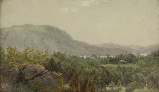 AARON DRAPER SHATTUCK AMERICAN 1832-1928: Iona Island on the Hudson, View of Bear Mountain in the Background, oil on board mounted on canvas, 8 1/2 x 14 1/2 in (20.3 x 36.8 cm), framed 14 x 20 in (35,6 x 50.8 cm), estate stamp verso and title