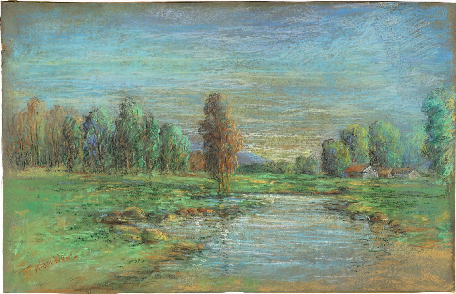 JULIAN ALDEN WEIR AMERICAN 1852-1919: Summer Landscape with Farm, pastel, 13 x 20 1/2 in (33 x 52 cm), framed 19 x 27 in (48.3 x 68.6 cm), signed lower left, Christies Auction label verso, ART NOTATION: It is believed that this is an earl