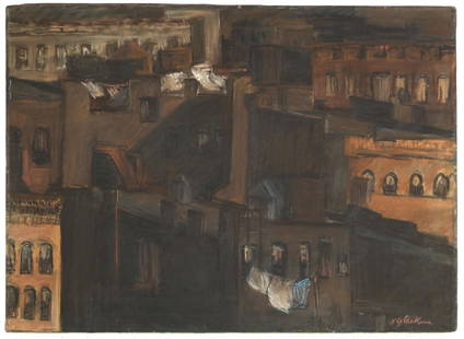 WILLIAM GLACKENS AMERICAN 1870-1838: West Side Tenements, (titled on Artist's plaque), pastel on stretched linen, 16 x 22 in (40.6 x 55.9 cm) framed 30 1/2 x 26 1/2 in (52 x 67.3 cm), signed lower right, PROVENANCE: Coe Kerr Gallery , NY