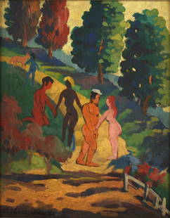 BOB (ROBERT LOUIS) THOMPSON AMERICAN 1937-1966: Figures in a Landscape, oil on board, 14 x 11 1/4 in (35.6 x 28.6 cm), framed 17 1/4 x 14 1/4 in (43.8 x 36.2 cm), signed lower left, PROVENANCE: Private collection New York