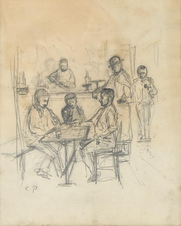 PISSARRO (FRENCH 1830-1903) Cafe: PISSARRO , CAMILLE , FRENCH , 1830-1903 , "Cafe Interior" , pencil drawing , 11 1/4 x 9 in (28.6 x 22.9 cm) ,, signed lower left