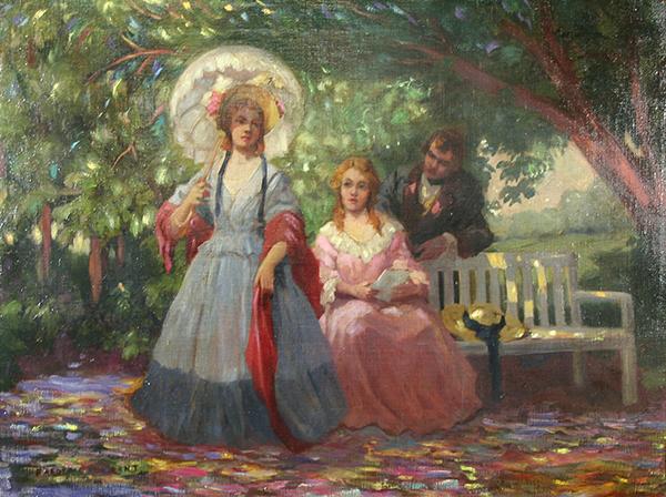GRANT (AMERICAN 1886-1959) The Courtship: GRANT , FREDERICK MILTON , AMERICAN , 1886-1959 , "The Courtship" , oil on canvas , 23 1/2 x 31 1/2 in (59.7 x ,80 cm) , signed lower left PROVENANCE: Private collection, Canada