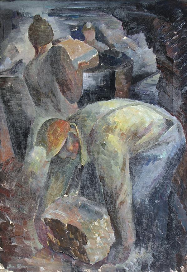 ROSE (AMERICAN 1899-1972) Coal: ROSE , IVER , AMERICAN , 1899-1972 , "Coal Miners" , oil on masonite , 25 1/2 x 18 in (64.8 x 47.5 cm) ,, signed lower left, titled verso PROVENANCE: Exhibited at Marbella Gallery, NYC, NY "Narrative 