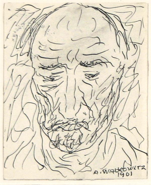 160 WALKOWITZ (RUSSIAN/AMERICAN 1878-1965): WALKOWITZ , ABRAHAM , RUSSIAN/AMERICAN , 1878-1965 , "Old Man, dated 1901" , ink and pen , 4 1/4 x 3 1/2 in (10.8 x 8.9 ,cm) , signed lower right