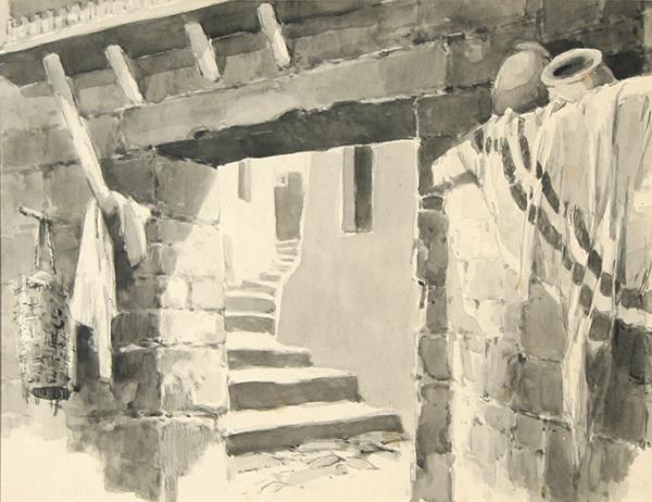 SHINN (AMERICAN 1876-1953) City Steps: SHINN , EVERETT , AMERICAN , 1876-1953 , "City Steps" , charcoal and ink wash , "9 1/4 x 12 in (23.5 x 30.5 cm) ,PROVENANCE: Arnold Finkel Gallery label