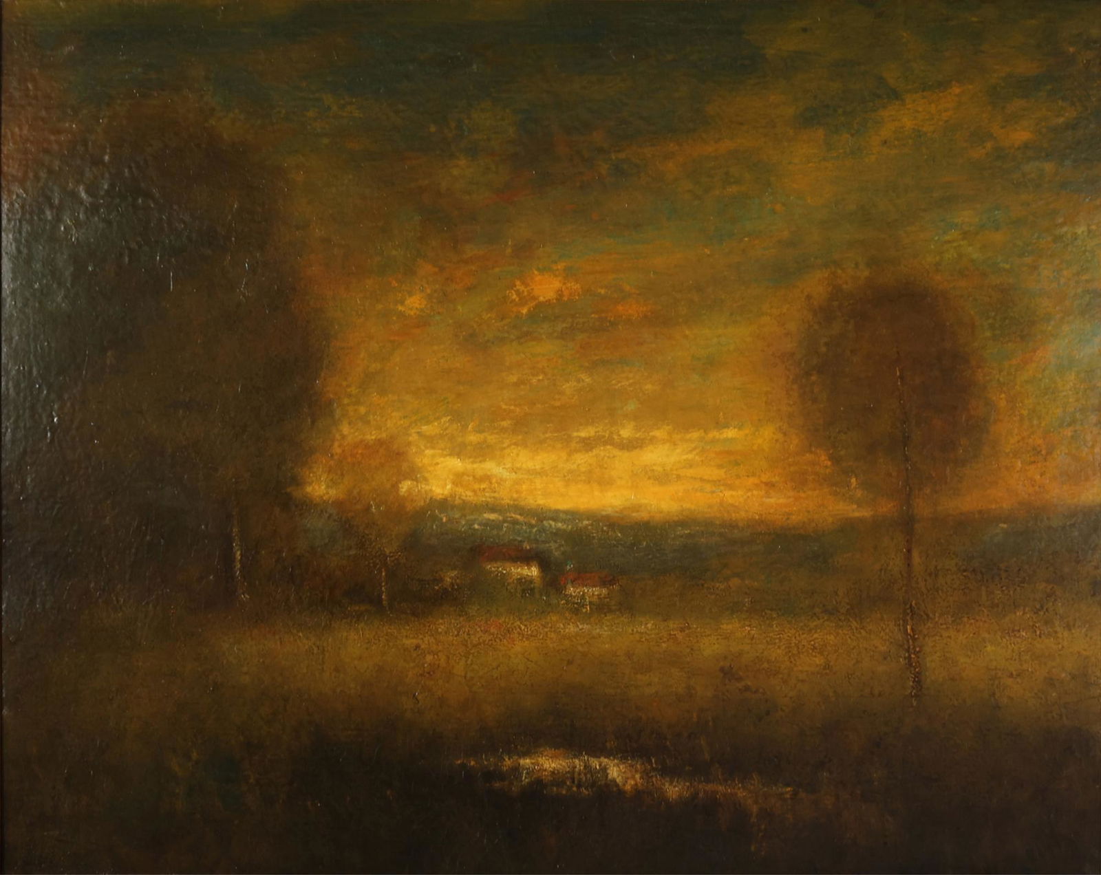 WILLIAM KEITH AMERICAN 1838-1911: The Innes Sunset, oil on canvas on board, 28 x 35 in (71 x 89 cm), framed 35 x 42.5 in (90 x 108 cm), signed lower right, titled verso on Exhibition label, Colorado State University, Harmsen Museum of