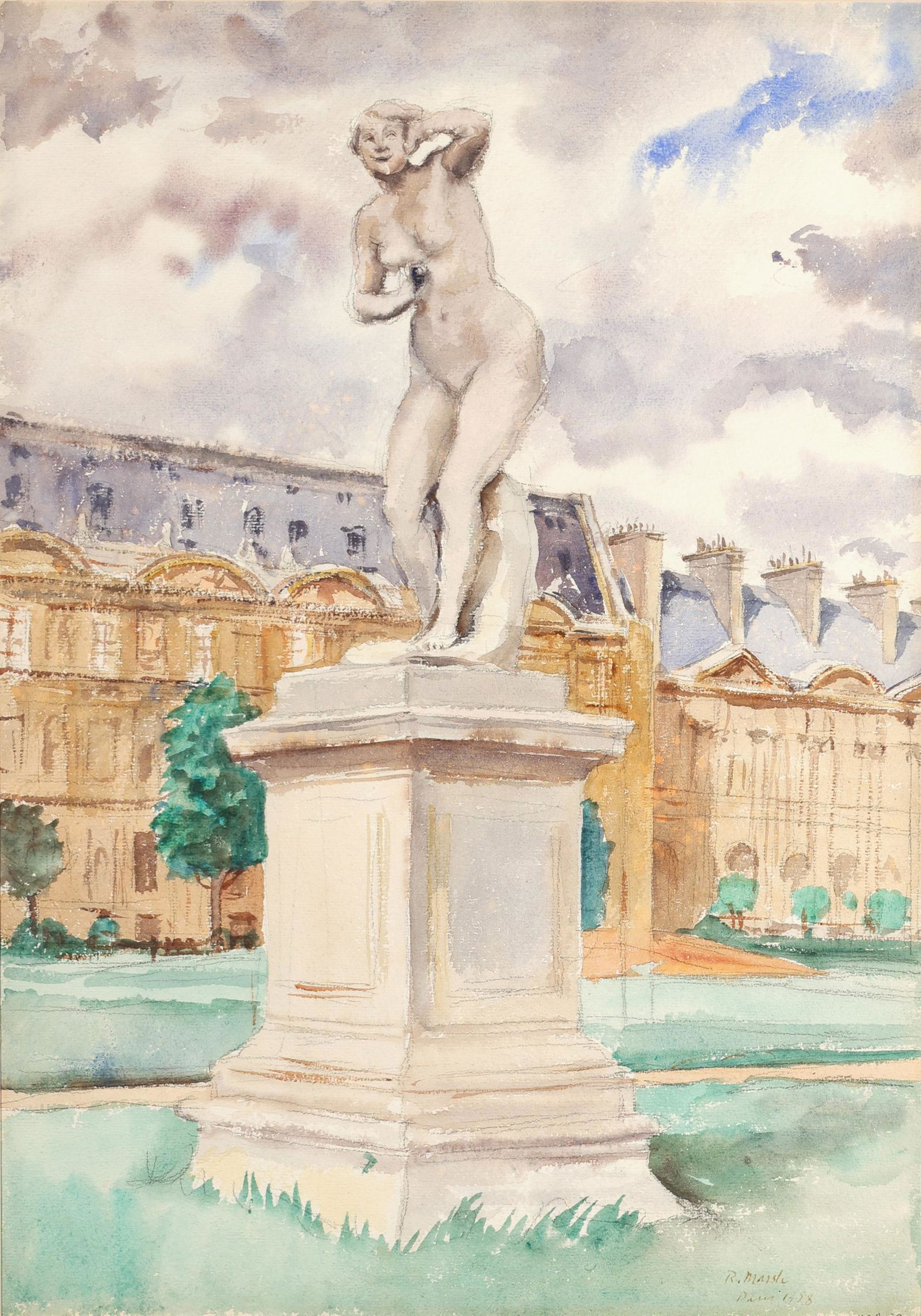 REGINALD MARSH AMERICAN 1898-1954: Luxemborg Gardens, Paris, watercolor, 20 1/2 x 14 1/2 in (52 x 36.9 cm), framed 25 x 21 in (63.5 x 53.3 cm), signed lower right, dated 1928, Paris, Museum label Phoenix Art Museum verso, PROVENANCE: P