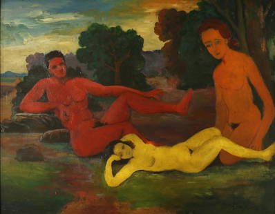 ROBERT (ROBERT LOUIS) THOMPSON AMERICAN 1931-1966: Untitled, dated 1963, (Figures in a Landscape), oil on masonite, 21 x 27 in (53.3 x 68.6 cm), framed 27 1/2 x 33 1/2 in (70 x 85 cm), signed lower right, PROVENANCE: Private collector New York