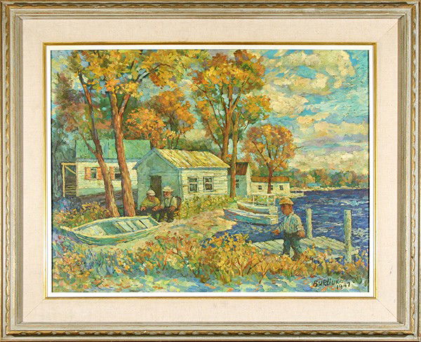 BURLIUK (RUSSIAN/AMERICAN 1882-1967) "The Boat Landing: BURLIUK,DAVID DAVIDOVICH RUSSIAN/AMERICAN 1882-1967 "The Boat Landing" oil on canvas (22 x 24 in (55.9 x 71.1 cm) Signed lower right PROVENANCE: Sotheby's, March 2010