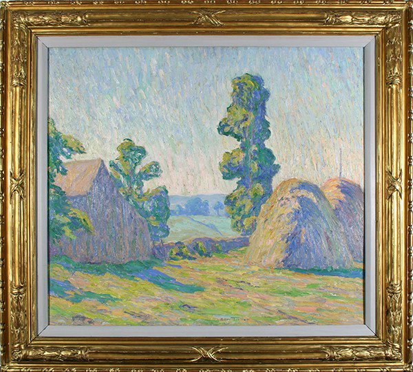 TUCKER (AMERICAN 1866-1939 )"Haystacks": TUCKER, ALLEN AMERICAN 1866-1939 "Haystacks" oil on board 30 x 34 in (76.2 x 86.4 cm) signed lower right and dated 1920. Painting Contained In An Albert Milch Frame.