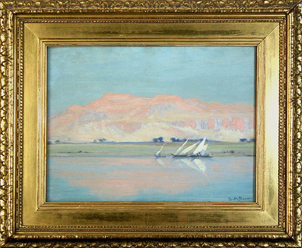 HOFFBAUER (AMERICAN 1875-1957 )"Sailboats on the : HOFFBAUER, CHARLES AMERICAN 1875-1957 "Sailboats on the River" oil on canvas 16 x 20 in (40.6 x 50.8 cm) signed lower right