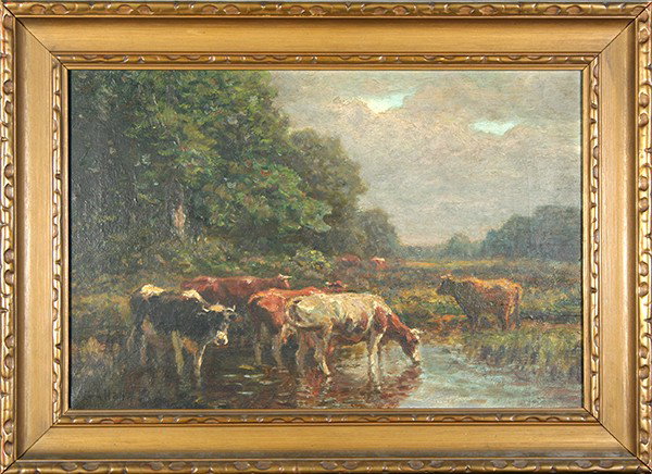 HAYS (AMERICAN 1854-1945) "Cows at Water": HAYS,GEORGE ARTHUR AMERICAN 1854-1945 "Cows at Water" oil on canvas 10 x 15 in (25.7 x 38.1 cm) signed lower left PROVENANCE: Property Of A Virginia Gentleman.
