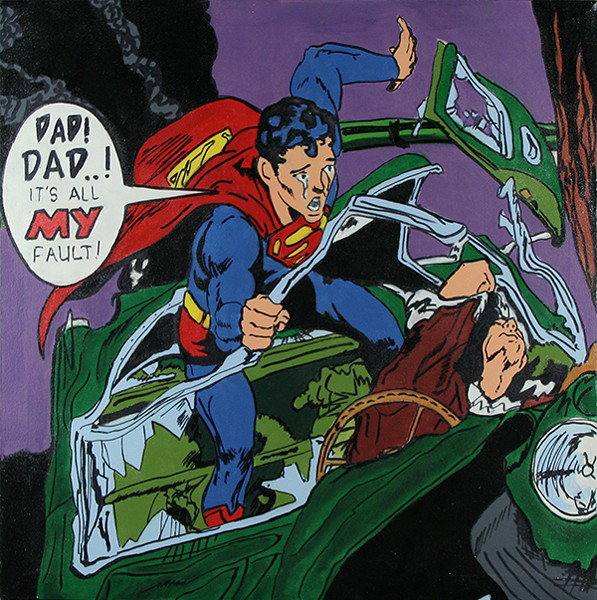 KAUFMAN (AMERICAN 2OTH CENTURY) "Dad, Dad it's All: KAUFMAN, STEVE (AMERICAN 2OTH CENTURY "Dad, Dad it's All My Fault, Superman" oil on canvas 32 X 32 in (81.3 X 81.3 cm) signed verso, dated 94 Assistant To Andy Warhol In 1976 And Was Cutting Film To B