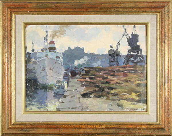 LOMYKIN ( RUSSIAN/UKRAINIAN 1924-1994) "In Port": LOMYKIN,KONSTANTIN RUSSIAN/UKRAINIAN 1924-1994 "In Port" oil on canvas laid on board 11 x 15 1/4 in (27.9 x 38.7 cm) signed verso