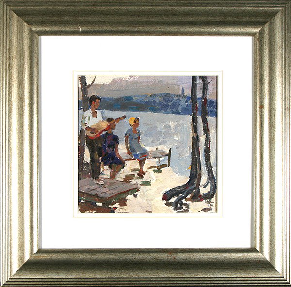SHPONKO (RUSSIAN/UKRAINIAN B1926 )"Youth by the Lak: SHPONKO, GRIGORY RUSSIAN/UKRAINIAN B1926 "Youth by the Lake" oil on artist board 9 x 9 in (22.9 x 22.9 cm) signed verso with the Shponko family seal