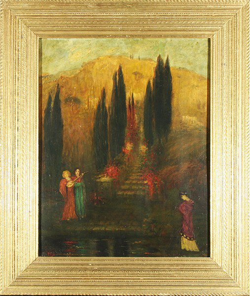 AMERICAN circa 1900 "Muses in a Landscape": AMERICAN circa 1900 "Muses in a Landscape" oil on board (22 x 17 1/4 in (55.9 x 43.8cm)) initialed indistinctly lower left Painting Contained In A Stanford White Frame