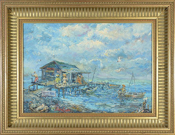 DAVID DAVIDOVICH BURLIUK (RUSSIAN/AMERICAN 1882-1967): DAVID DAVIDOVICH BURLIUK (RUSSIAN/AMERICAN 1882-1967), "Fisherman on the Shore, Quick Frozen Fish" , Oil on masonite , 13 1/2 x 10 in (34.3 cm x 25.4 cm) , signed lower middle, PROVENANCE: Private col