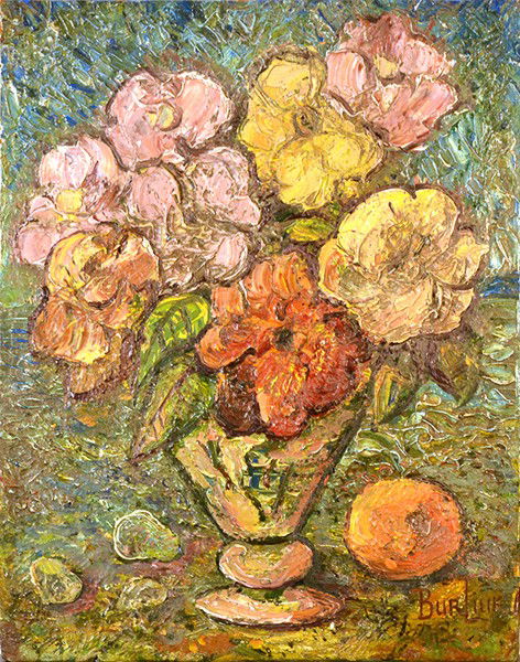DAVID DAVIDOVICH BURLIUK (RUSSIAN/AMERICAN 1882-1967): DAVID DAVIDOVICH BURLIUK (RUSSIAN/AMERICAN 1882-1967), "Still Life with Flowers" , Oil on Board , 11 1/2 x 9 in (29.2 cm x 22.9 cm) , Signed additionally verso