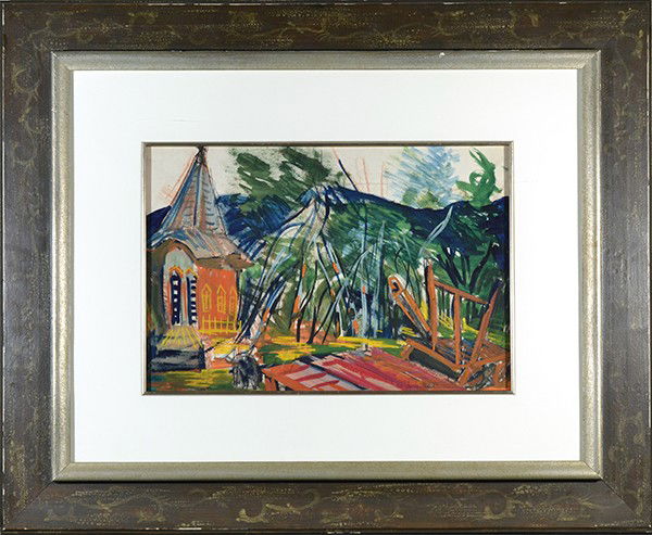 AGNES HART (AMERICAN 1912-1979) "Woodstock Church": AGNES HART (AMERICAN 1912-1979), "Woodstock Church" , Gouache , 11 1/2 X 16 3/4 IN(29.2 cm X 42.5 cm) , signed lower right