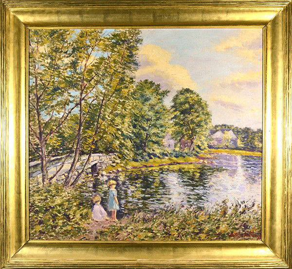 HUGO MELVILLE FISHER (AMERICAN 1878-1946): HUGO MELVILLE FISHER (AMERICAN 1878-1946), "Two Young Girls By the Lake" , Oil on canvas , 27 x 30 in (68.6 x 76.2 cm) , signed lower right
