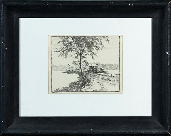 BOLTON BROWN (AMERICAN 1864-1936): BOLTON BROWN (AMERICAN 1864-1936), "Boat Landing, Hudson River" , Conte Crayon , 6 1/2 x 8 (16.5 cm x 20.3 cm),PROVENANCE: Fletcher Gallery Woodstock to Private Collection.