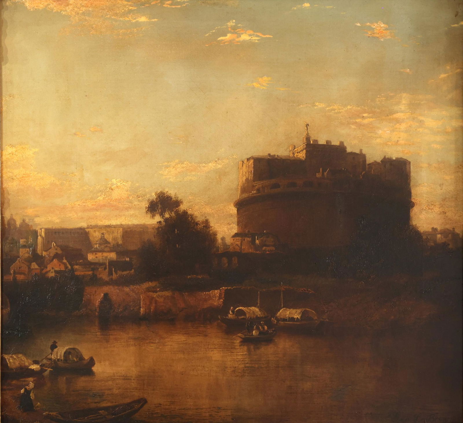 GEORGE LORING BROWN AMERICAN 1814-1889: Sunset, The Tiber, Rome, oil on canvas laid on board, 24 x 32 in (60.9 x 81 cm), framed 29 x 31 in (73.7 x 78.4 cm), signed lower right, titled verso, PROVENANCE: Private collection Long Island, NY