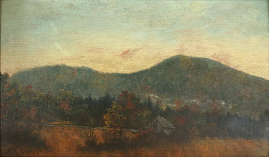 SANFORD ROBINSON GIFFORD AMERICAN 1823-1880: Landscape with Cabin, oil on wood panel, 12 x 20 in (30.5 x 50.8 cm), framed 17 1/2 x 25 1/2 in (44.5 x 64.8 cm) , signed lower left, dated 1869, PROVENANCE: Private collection Mamaroneck, New York