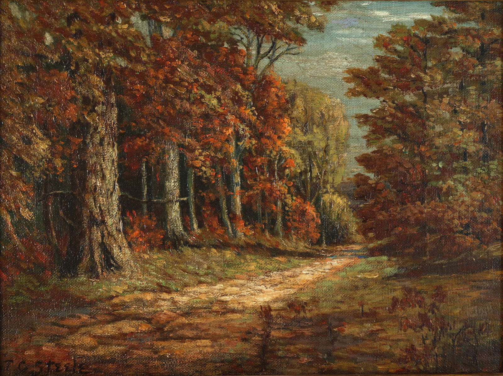 THEODORE CLEMENT STEELE AMERICAN 1847-1926: Fall Landscape, oil on canvas board, 9 1/2 x 12 in (24.1 x 30.5 cm), framed 13 1/2 x 16 in (34.3 x 40.6 cm), signed lower left