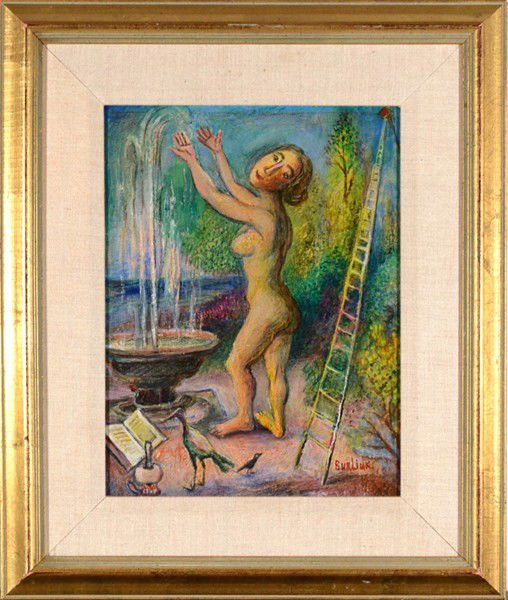 DAVID DAVIDOVICH BURLIUK RUSSIAN/AMERICAN 1882-196: , BURLIUK DAVID DAVIDOVICH RUSSIAN/AMERICAN 1882-1967 , "Nude at the Fountain" , Oil on academy board , 8 x 12 in (20.3 x 30.5 cm) , signed lower right Provenance: Artist Label With Title Verso , Dani