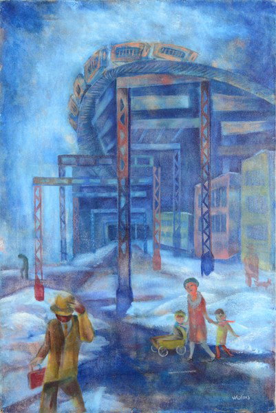JOSEPH WOLINS AMERICAN 1915-1999 "Elevated Curve: WOLINS JOSEPH AMERICAN 1915-1999 , "Elevated Curve III at the Bowery Winter" , Oil on canvas board , 36 x 24 in ( 91.4 x 61 cm) , signed lower right, dated 1940-41 and titled verso